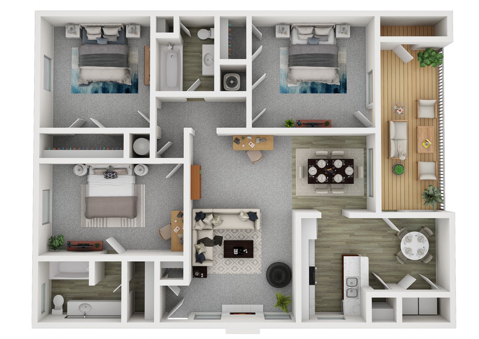 River Ridge Apartments Chestnut Floor Plan, with 3 bedrooms, kitchen, living room, washer and dryer, deck and a bathroom.